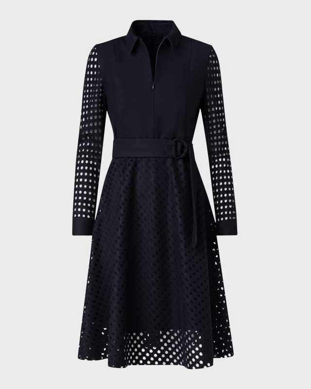 Wool Flannel Dress with Velvet Burn-Out Dotted Details